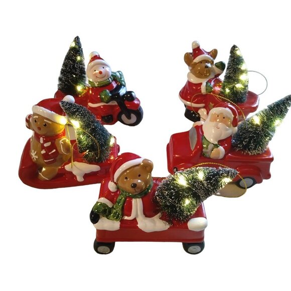 Christmas Light Up Santa Bear Snowman Truck Sleigh Wagon Ornaments Red Cars - Picture 3 of 8